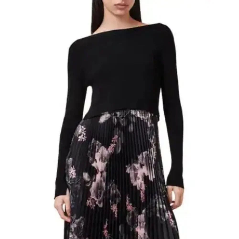NWT ALL SAINTS Clarity Mono Black Ribbed Cropped Sweater in Size M